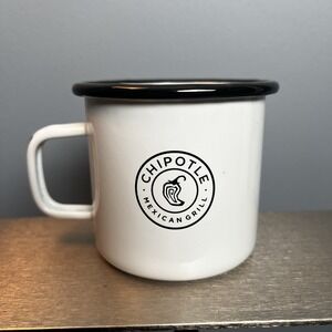 Chipotle Mexican Grill Enamel Coffee Mug White Black Rim Camping Cup Logo 3.25in